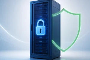 VPS 上的私有密码管理器部署示意图：服务器机架与安全锁图标