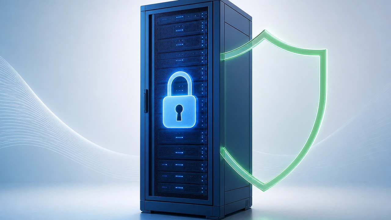 VPS 上的私有密码管理器部署示意图：服务器机架与安全锁图标